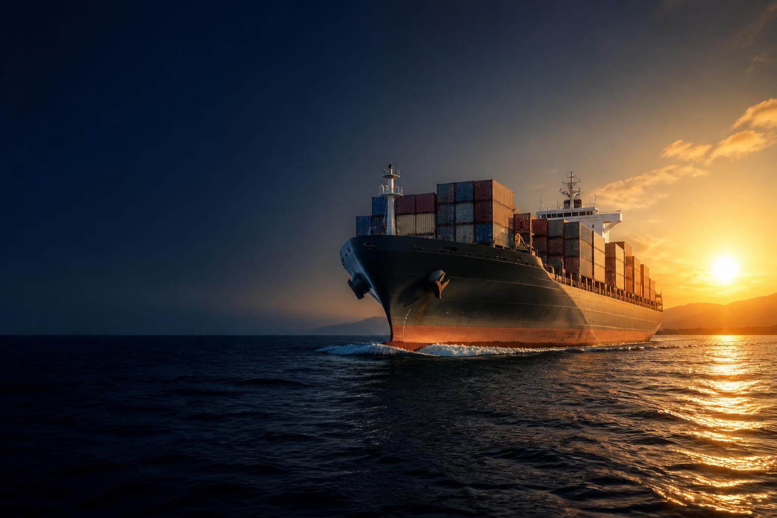 Container ship at sunset